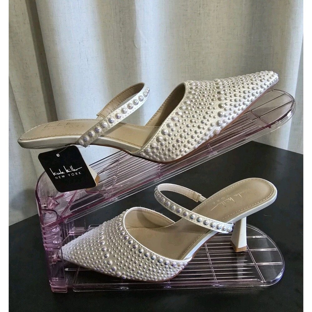 Nicole Miller New York Pearl Studded Kitten Heel Mules White Bridal NWT 7.5